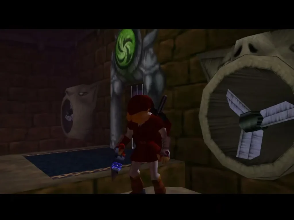 Link beside the barred green-crested door with fans set into the walls Link beside the barred green-crested door with fans set into the walls