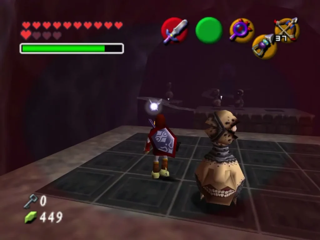 Link facing a Beamos on the tiled platform in Ganon's Castle Link facing a Beamos on the tiled platform in Ganon's Castle