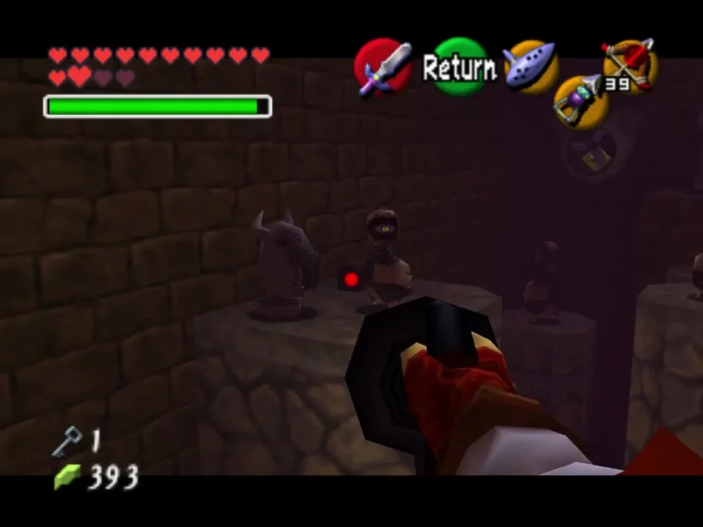 A Beamos with a glowing red eye on a stone platform, seen from Link's first-person view A Beamos with a glowing red eye on a stone platform, seen from Link's first-person view