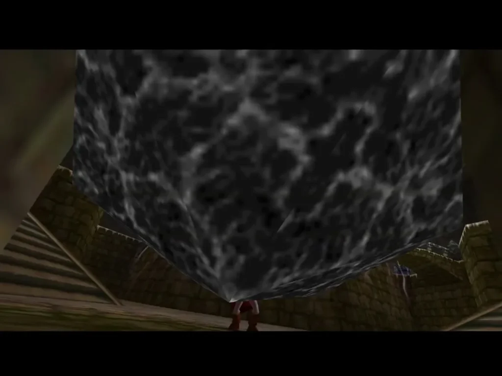 Link beneath a huge black pillar he has lifted in the main hall Link beneath a huge black pillar he has lifted in the main hall