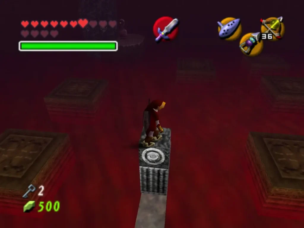 Link standing on top of a lifted black pillar above the lava Link standing on top of a lifted black pillar above the lava