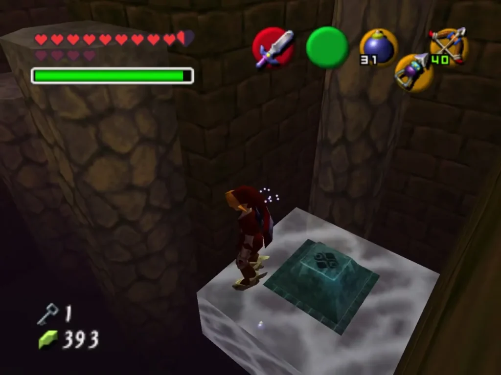 Link standing on a stone platform beside a teal block in a narrow stone corridor Link standing on a stone platform beside a teal block in a narrow stone corridor