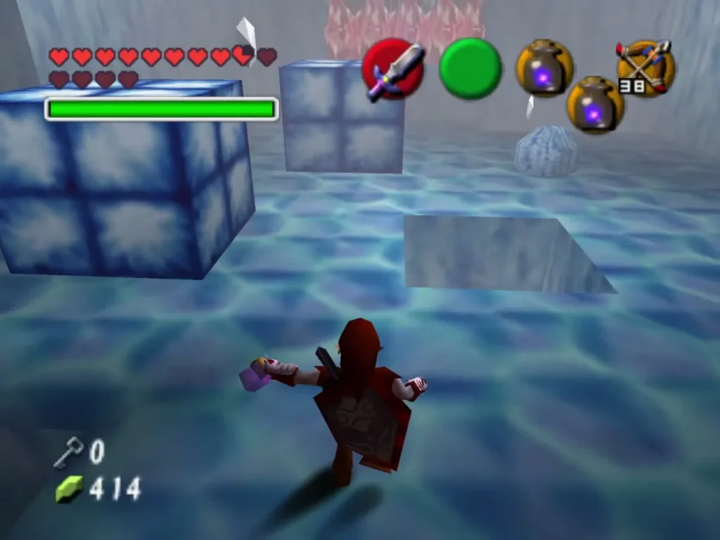 Link wading across the water floor of the silver rupee room past blue ice blocks Link wading across the water floor of the silver rupee room past blue ice blocks