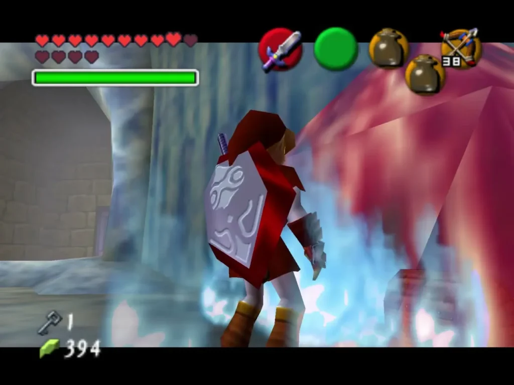 Link beside a wall of red ice with Blue Fire burning at its base, melting the ice Link beside a wall of red ice with Blue Fire burning at its base, melting the ice