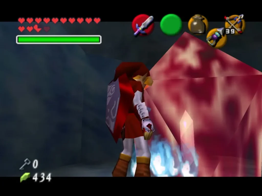 Link beside a blue flame burning at the foot of red ice Link beside a blue flame burning at the foot of red ice