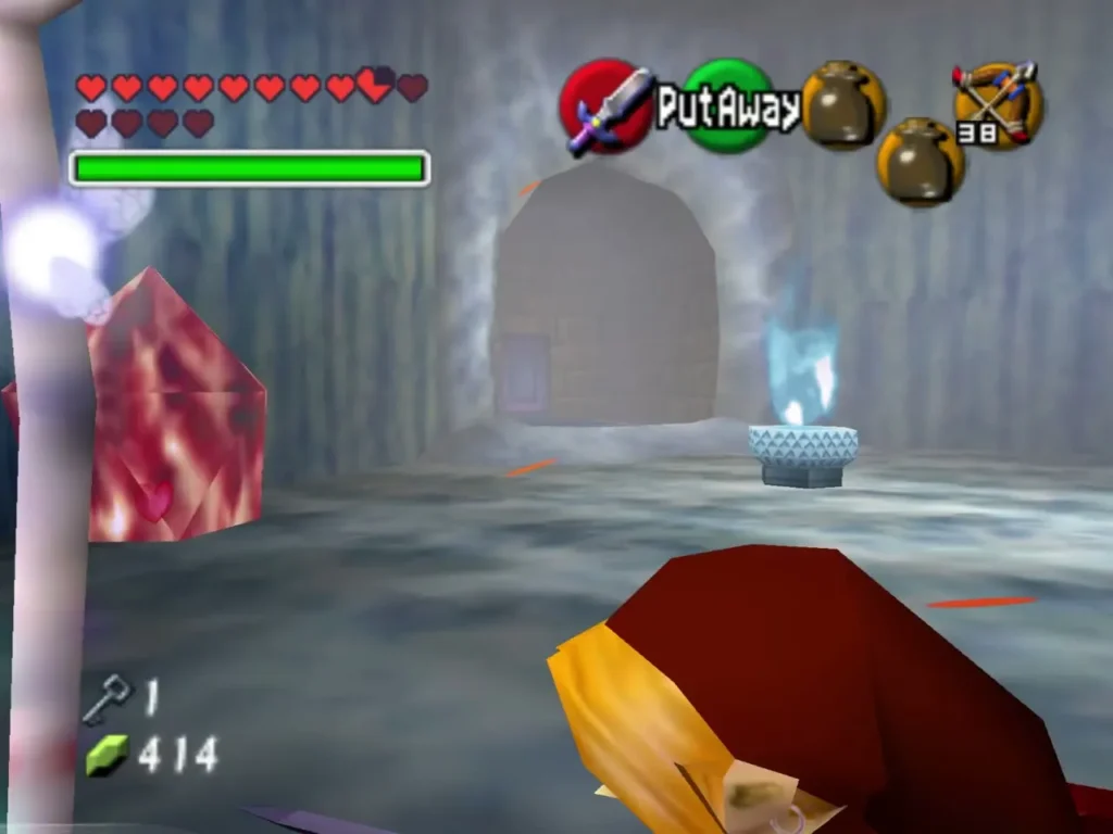 A blue flame on a stone pedestal beside an arched doorway in the icy room A blue flame on a stone pedestal beside an arched doorway in the icy room