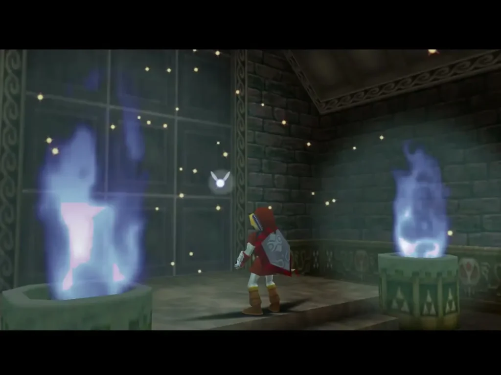 Link standing between two blue flame braziers in the Water Barrier room Link standing between two blue flame braziers in the Water Barrier room