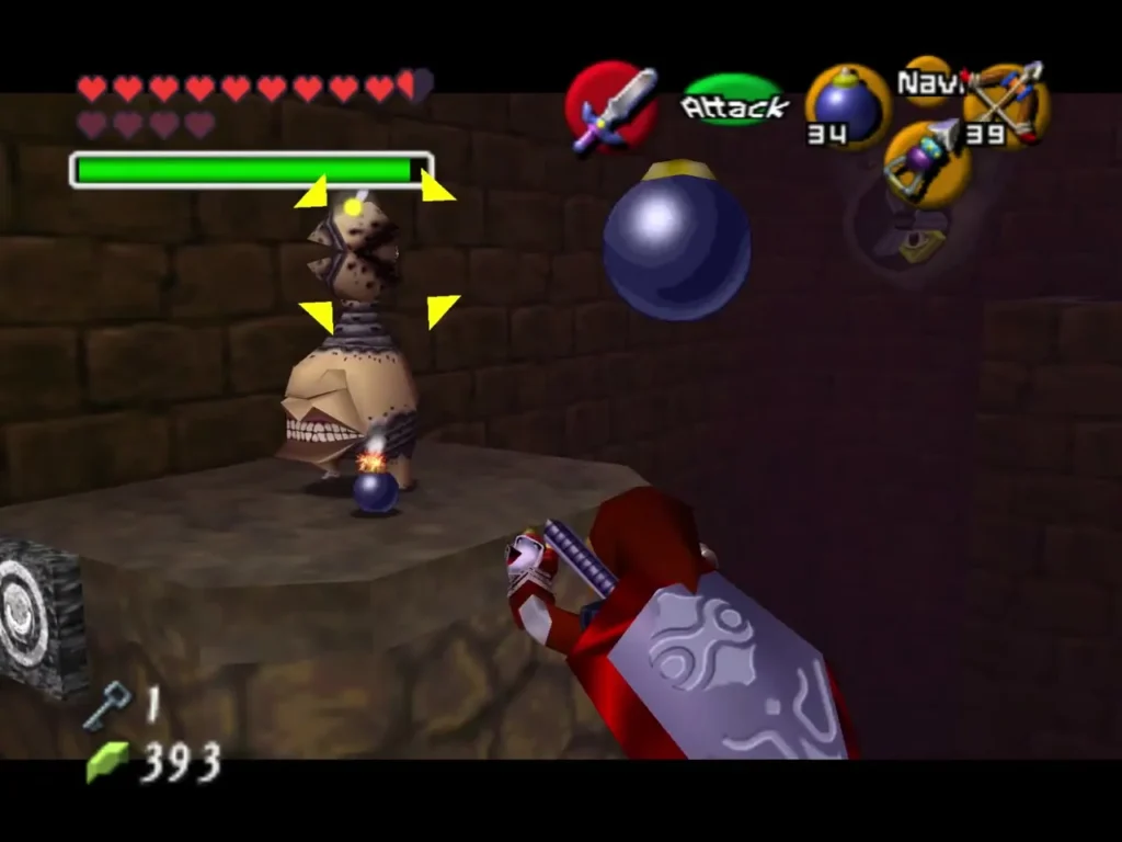 A lit bomb beside a stone statue enemy on a platform while Link readies his shield A lit bomb beside a stone statue enemy on a platform while Link readies his shield