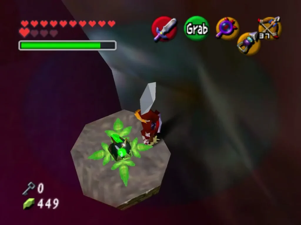 Link on the Bomb Flower platform in the pit with a Silver Rupee overhead Link on the Bomb Flower platform in the pit with a Silver Rupee overhead