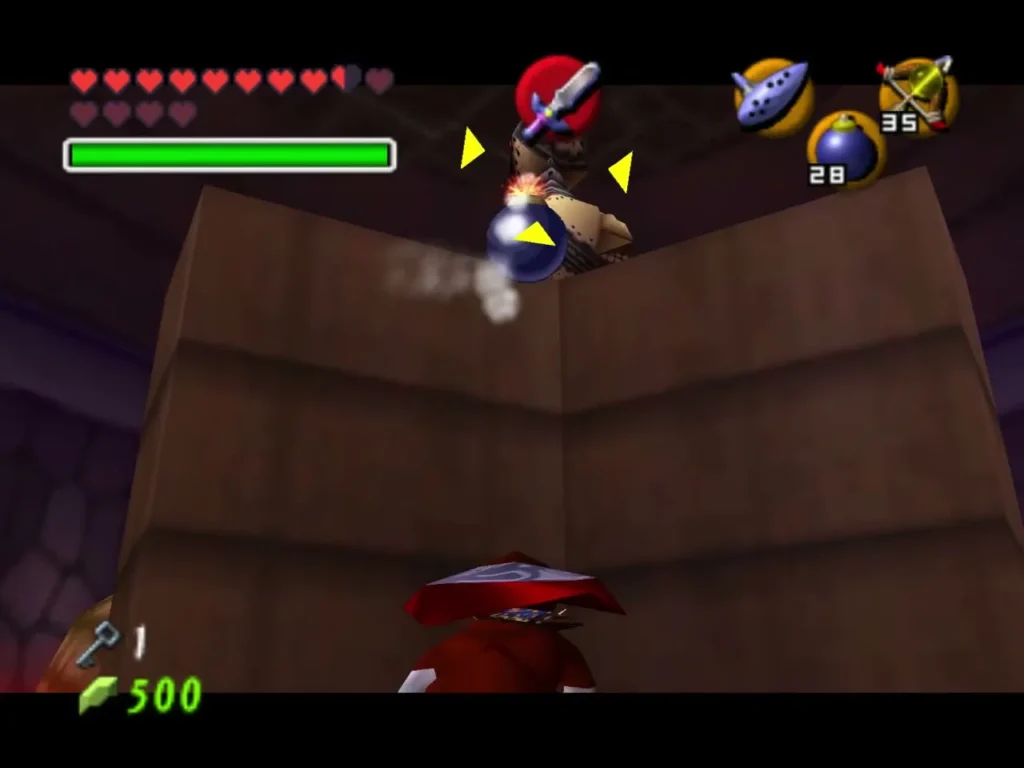 A Bomb flying toward the Beamos in the boulder room, its target marked A Bomb flying toward the Beamos in the boulder room, its target marked