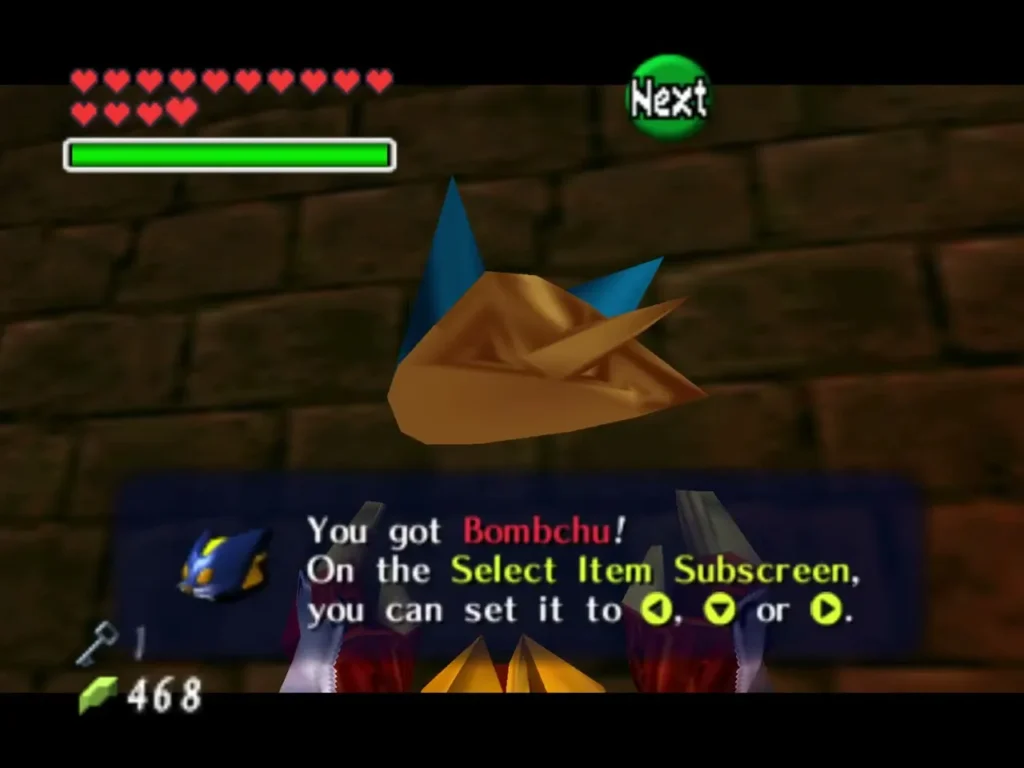 Link holding up the Bombchu he took from the chest, with the complete "You got Bombchu!" message Link holding up the Bombchu he took from the chest, with the complete "You got Bombchu!" message