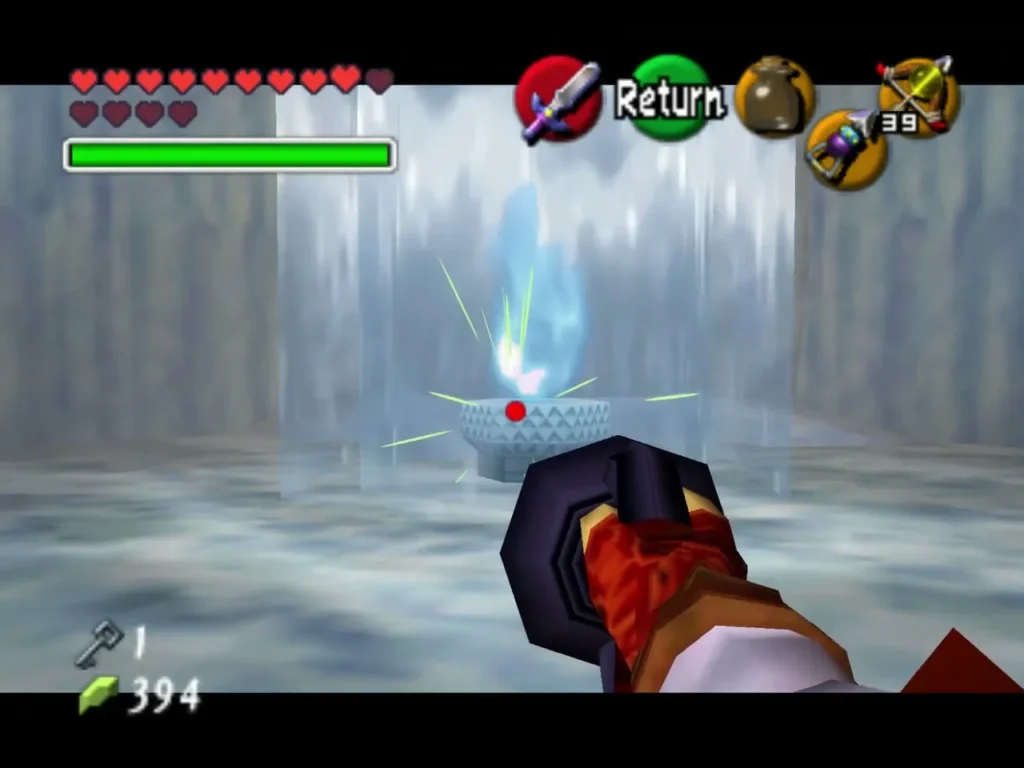 Link reaching toward a blue flame on a pedestal inside an ice wall Link reaching toward a blue flame on a pedestal inside an ice wall