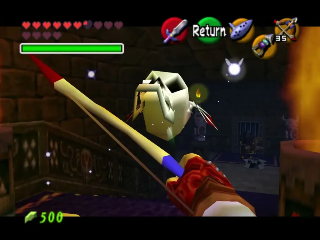 Link drawing his bow toward a skull enemy on the torch-lit stairs Link drawing his bow toward a skull enemy on the torch-lit stairs