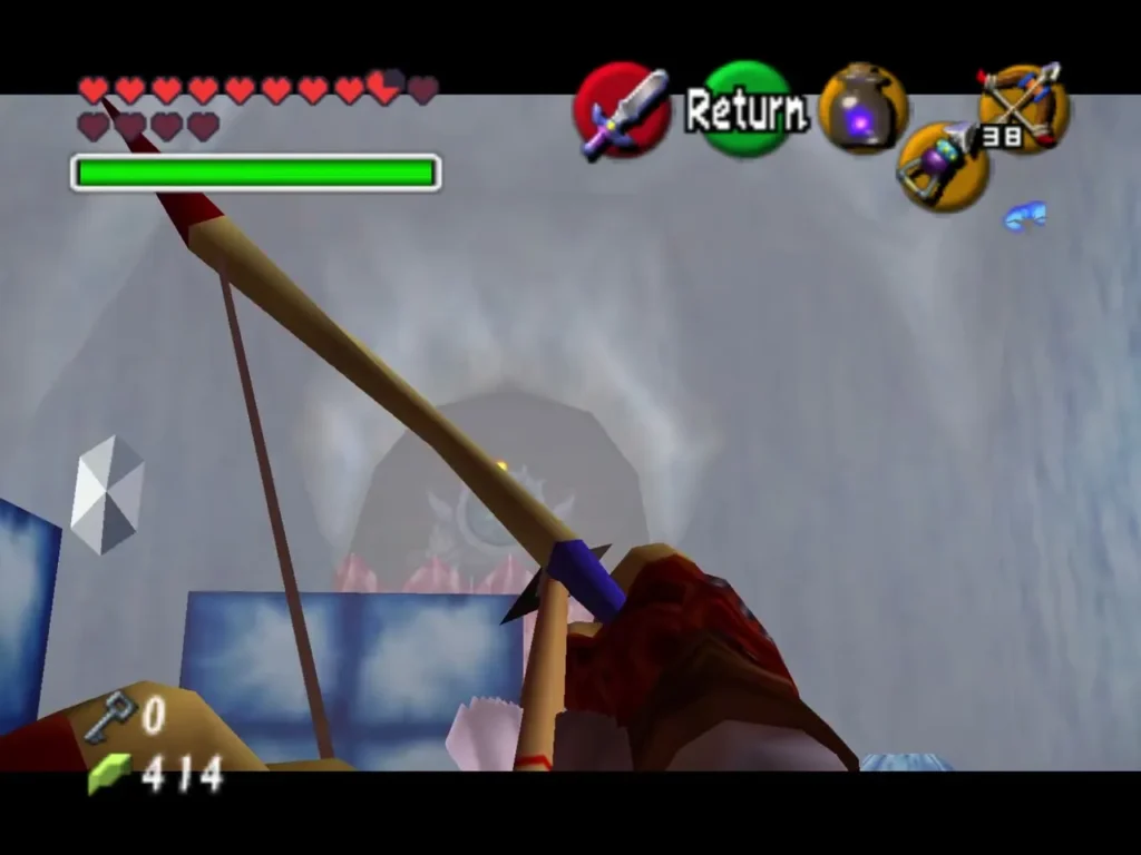 Link drawing his bow in the silver rupee room beside an ice block Link drawing his bow in the silver rupee room beside an ice block