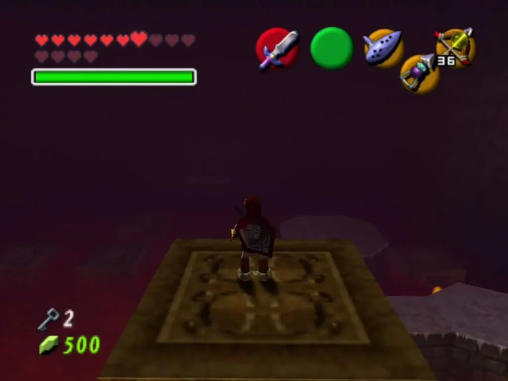 Link on a carpeted platform surrounded by lava Link on a carpeted platform surrounded by lava