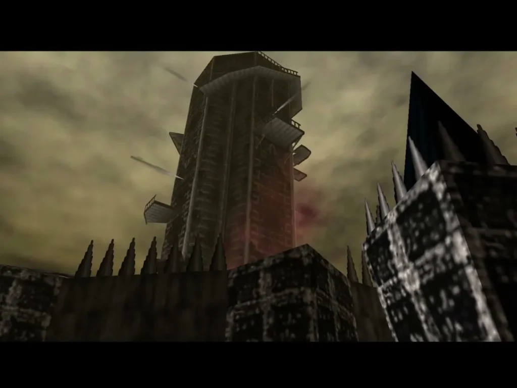 Castle tower rising above spiked outer walls under a dark sky Castle tower rising above spiked outer walls under a dark sky