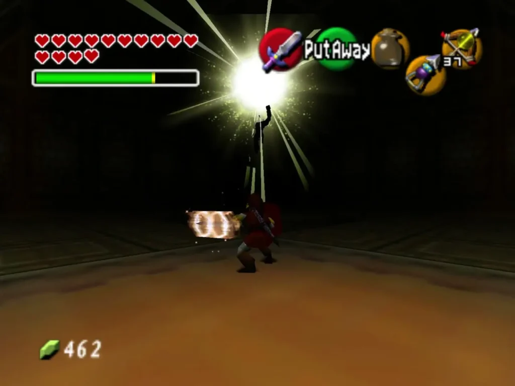 Link spinning with a charged spin attack, glowing in the arena Link spinning with a charged spin attack, glowing in the arena