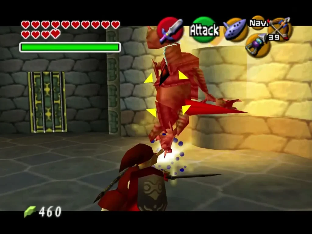 Link fighting a Dinolfos in the tower hall with his shield raised Link fighting a Dinolfos in the tower hall with his shield raised
