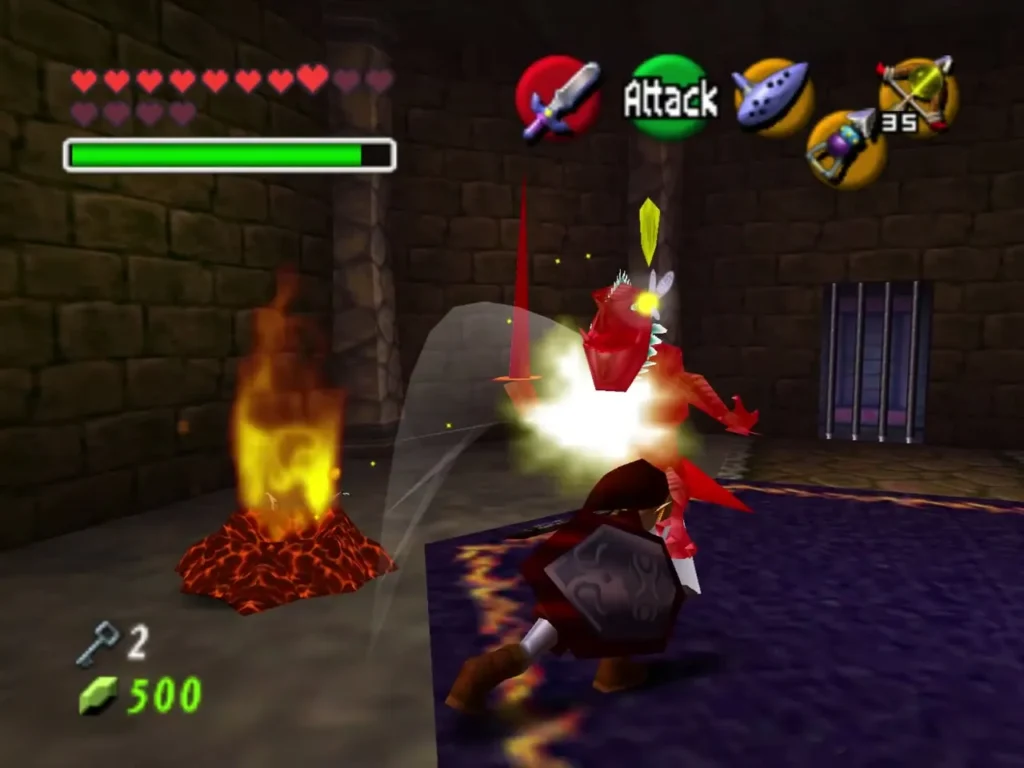 Link fighting a red Dinolfos beside a Torch Slug on a purple floor Link fighting a red Dinolfos beside a Torch Slug on a purple floor