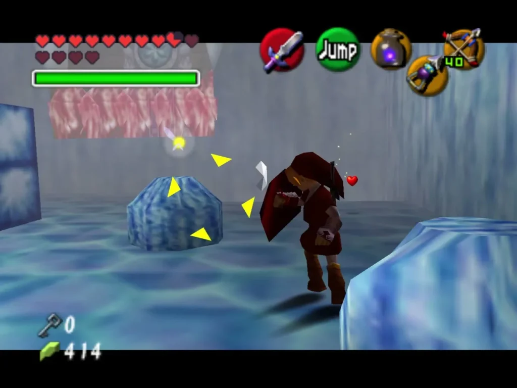 Link locked on to an enemy beside a blue ice block in the water room Link locked on to an enemy beside a blue ice block in the water room