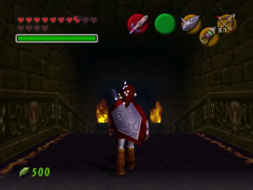 Link walking down the torch-lit carpeted stairs inside Ganon's Castle Link walking down the torch-lit carpeted stairs inside Ganon's Castle