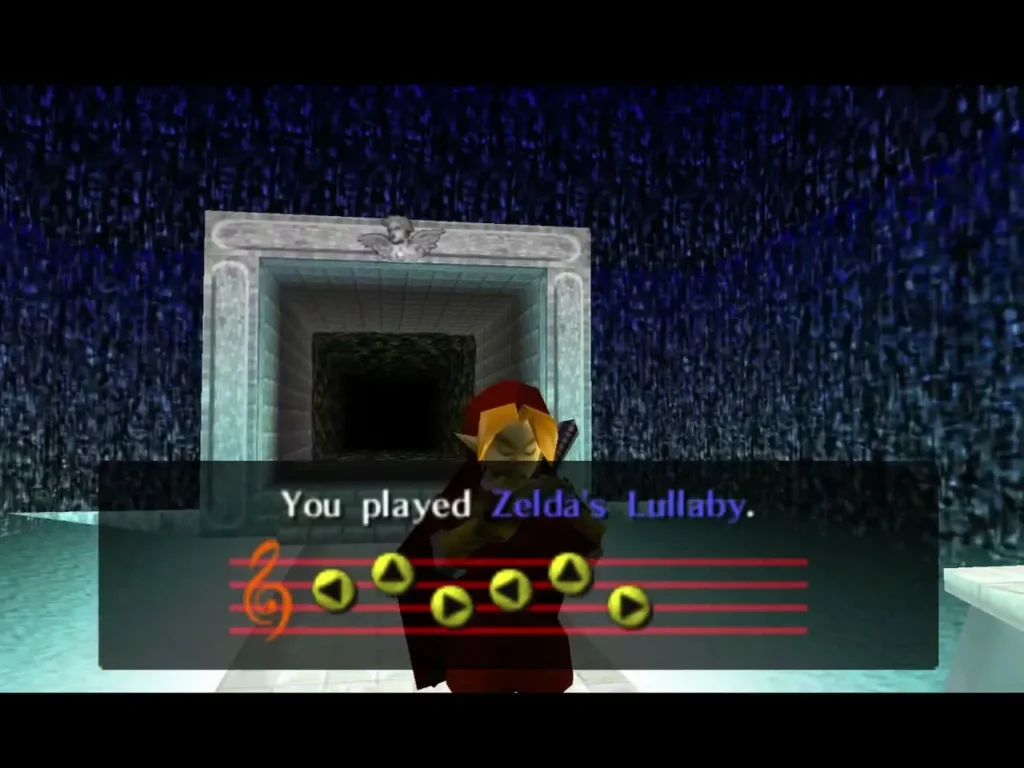 Link at the Great Fairy's Fountain with the message You played Zelda's Lullaby Link at the Great Fairy's Fountain with the message You played Zelda's Lullaby