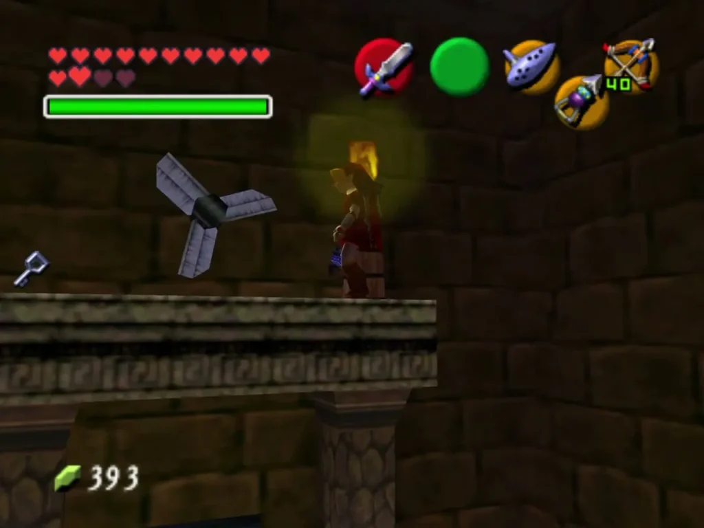 A spinning fan above a stone ledge where Link stands near a lit torch A spinning fan above a stone ledge where Link stands near a lit torch