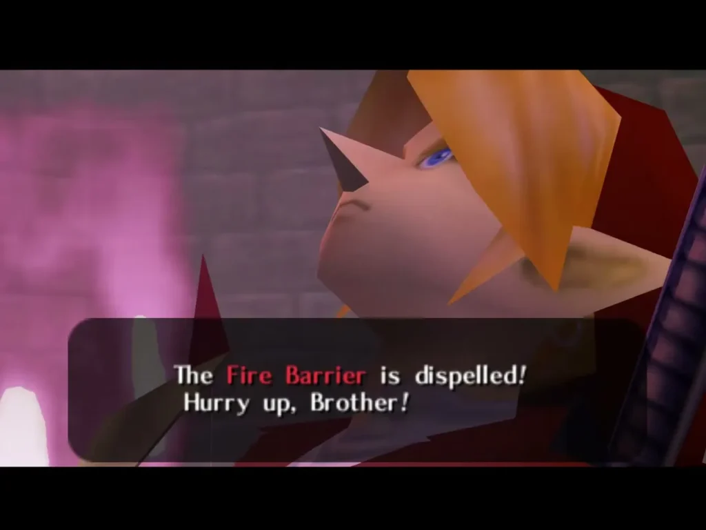 Dialog box reading The Fire Barrier is dispelled! Hurry up, Brother! beside Link's face Dialog box reading The Fire Barrier is dispelled! Hurry up, Brother! beside Link's face