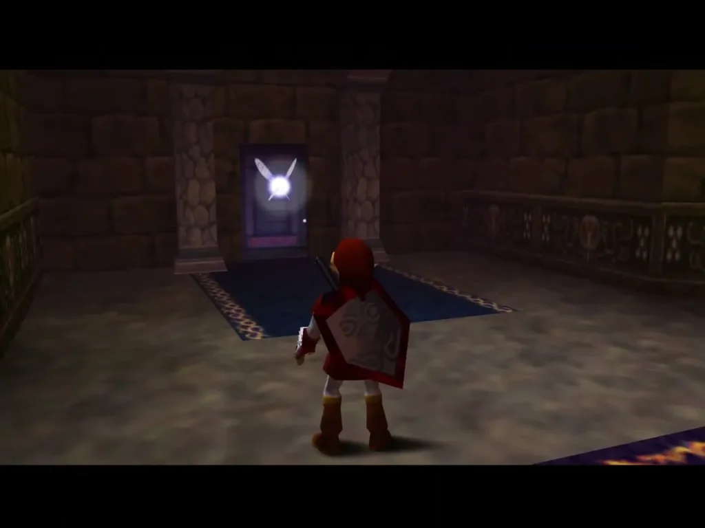 Link facing a door that glows as it unlocks at the end of the Forest Trial room Link facing a door that glows as it unlocks at the end of the Forest Trial room