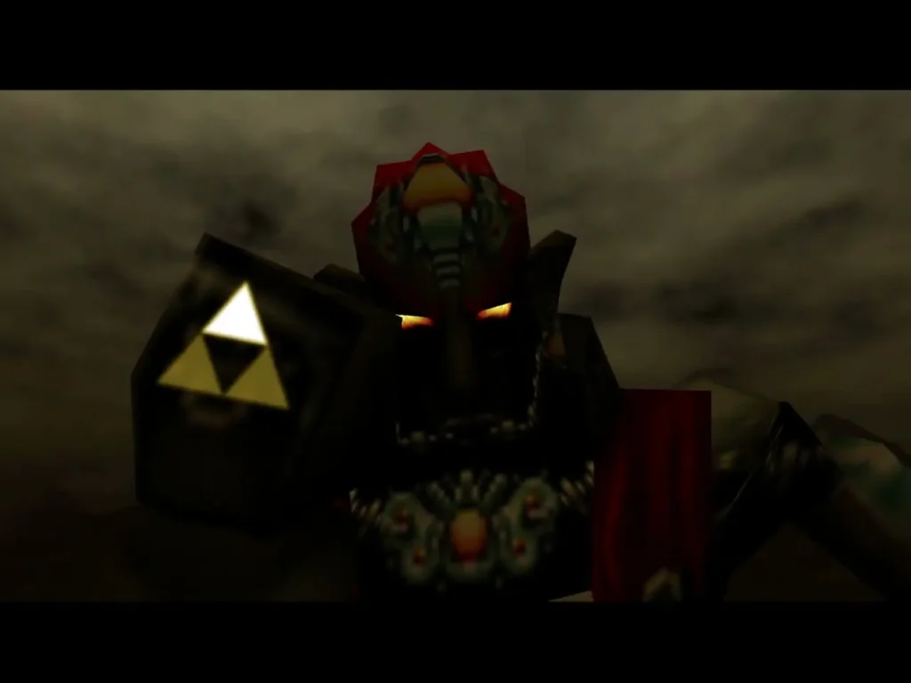 Ganon glaring with the Triforce mark on his hand as he rises from the arena Ganon glaring with the Triforce mark on his hand as he rises from the arena