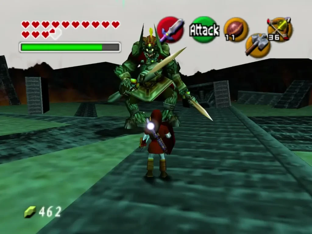Ganon standing with both swords raised in the arena with Link in front of him Ganon standing with both swords raised in the arena with Link in front of him