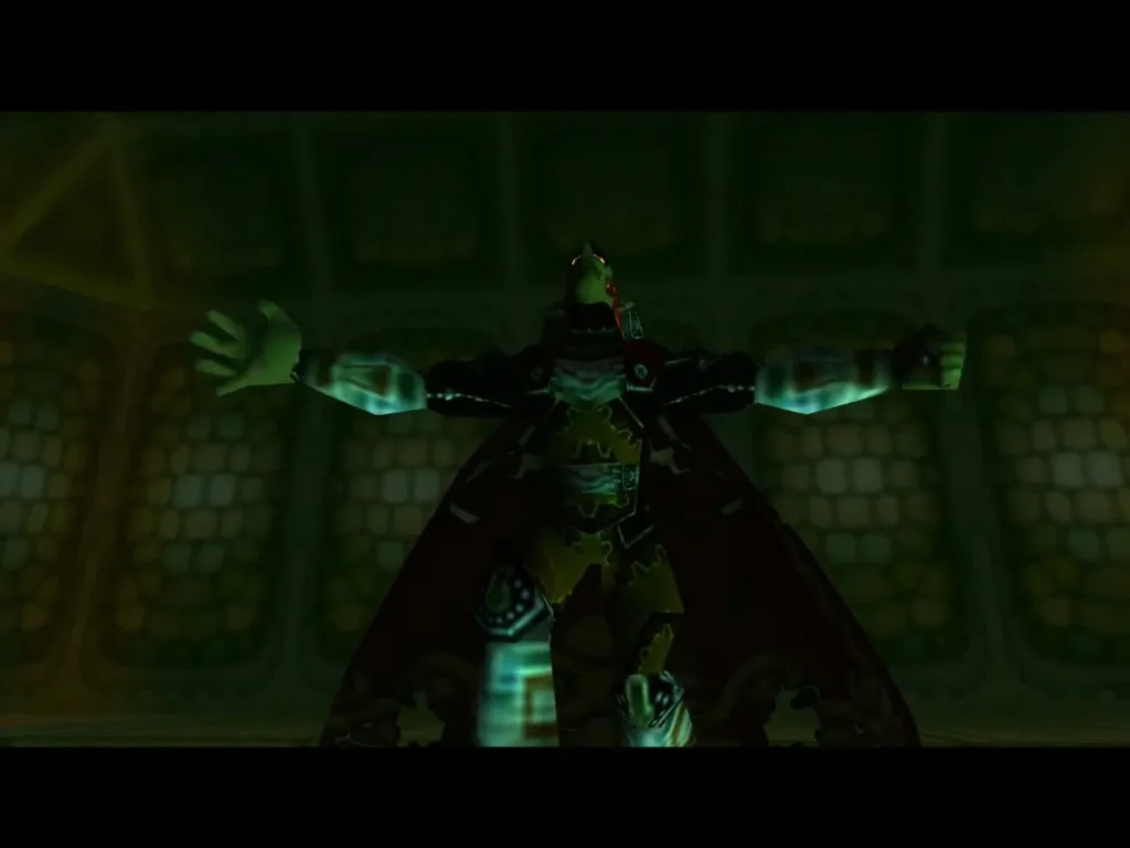Ganondorf with arms spread wide in his final moments, lit green Ganondorf with arms spread wide in his final moments, lit green