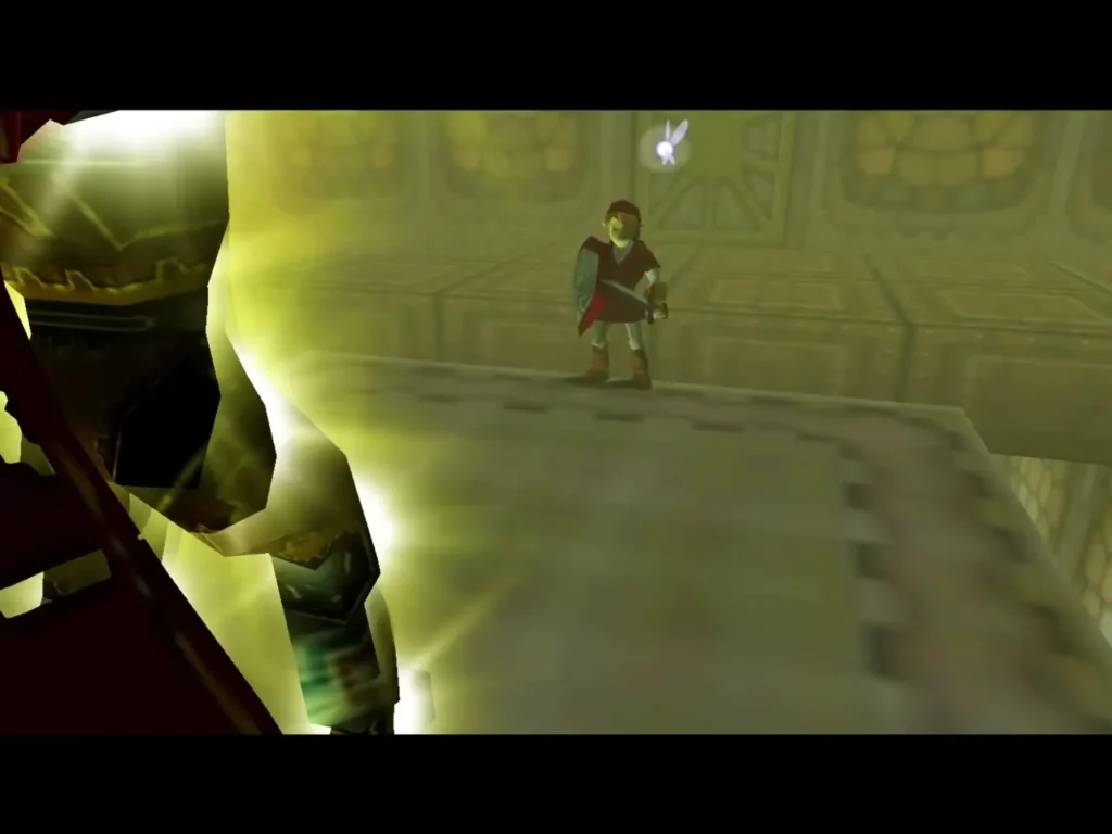 Link on a walkway as the defeated Ganondorf fades in a flash of light Link on a walkway as the defeated Ganondorf fades in a flash of light