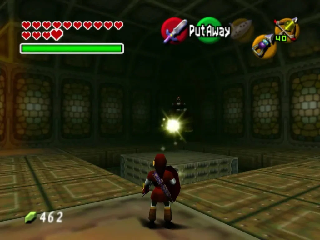 Link facing Ganondorf across the tiled chamber as a bright energy orb flies Link facing Ganondorf across the tiled chamber as a bright energy orb flies