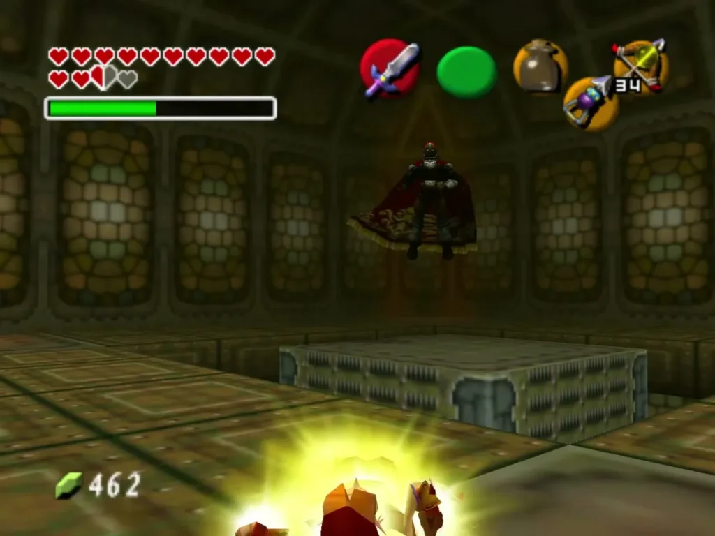 Ganondorf hovering above the platform while Link stands below in a yellow flash Ganondorf hovering above the platform while Link stands below in a yellow flash