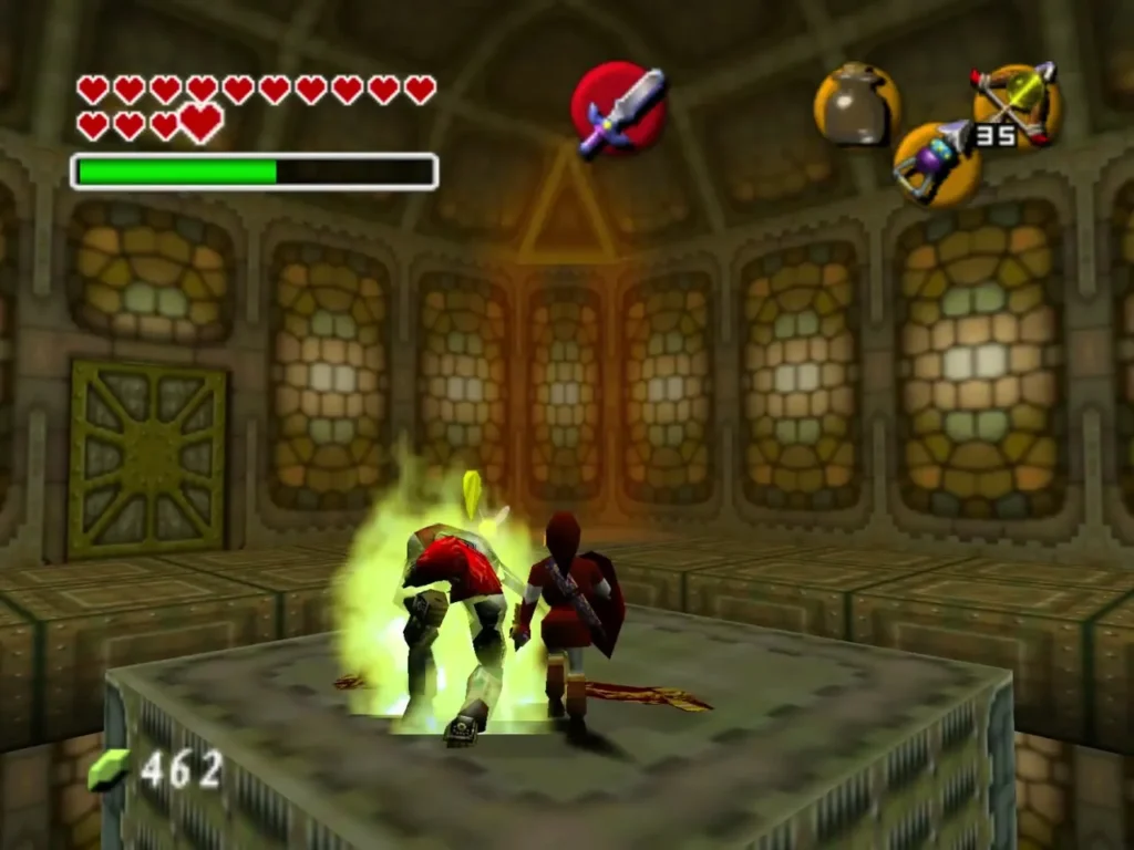 Link slashing Ganondorf on the platform as he is caught in a yellow flash Link slashing Ganondorf on the platform as he is caught in a yellow flash