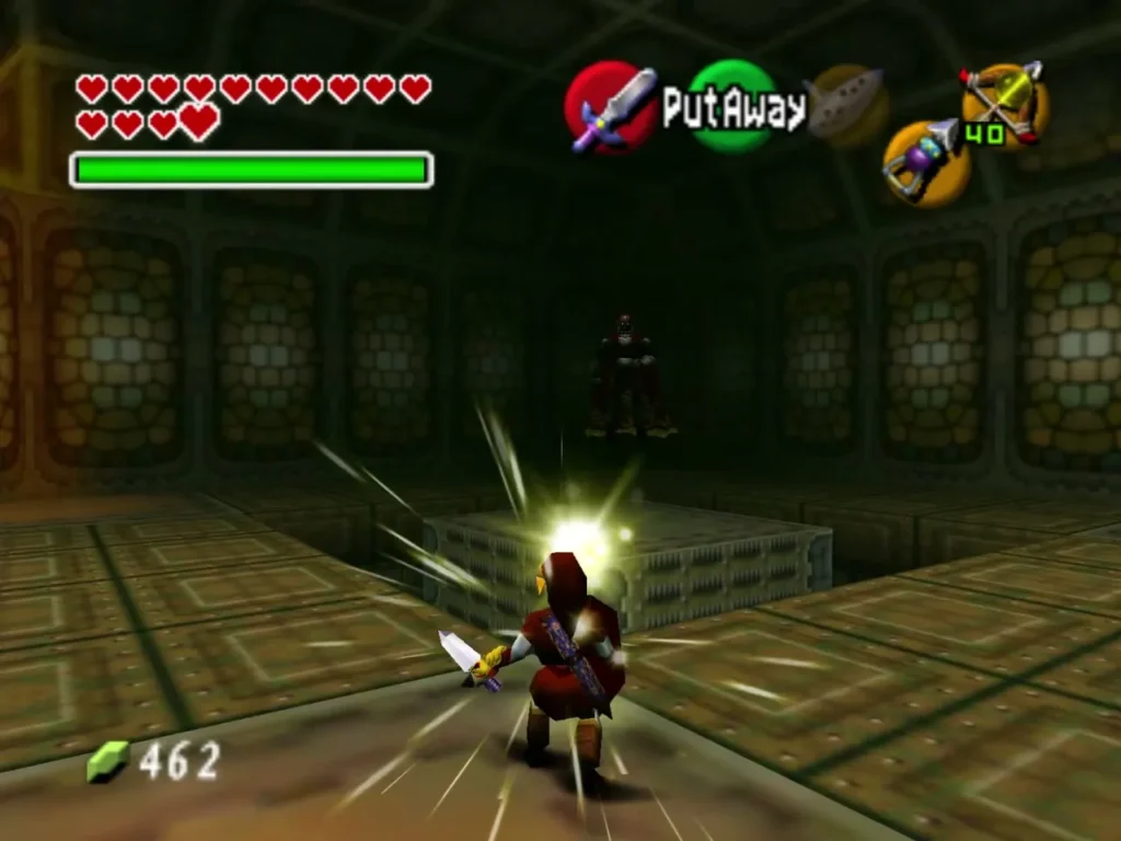 Link's sword striking the glowing energy ball in the arena Link's sword striking the glowing energy ball in the arena