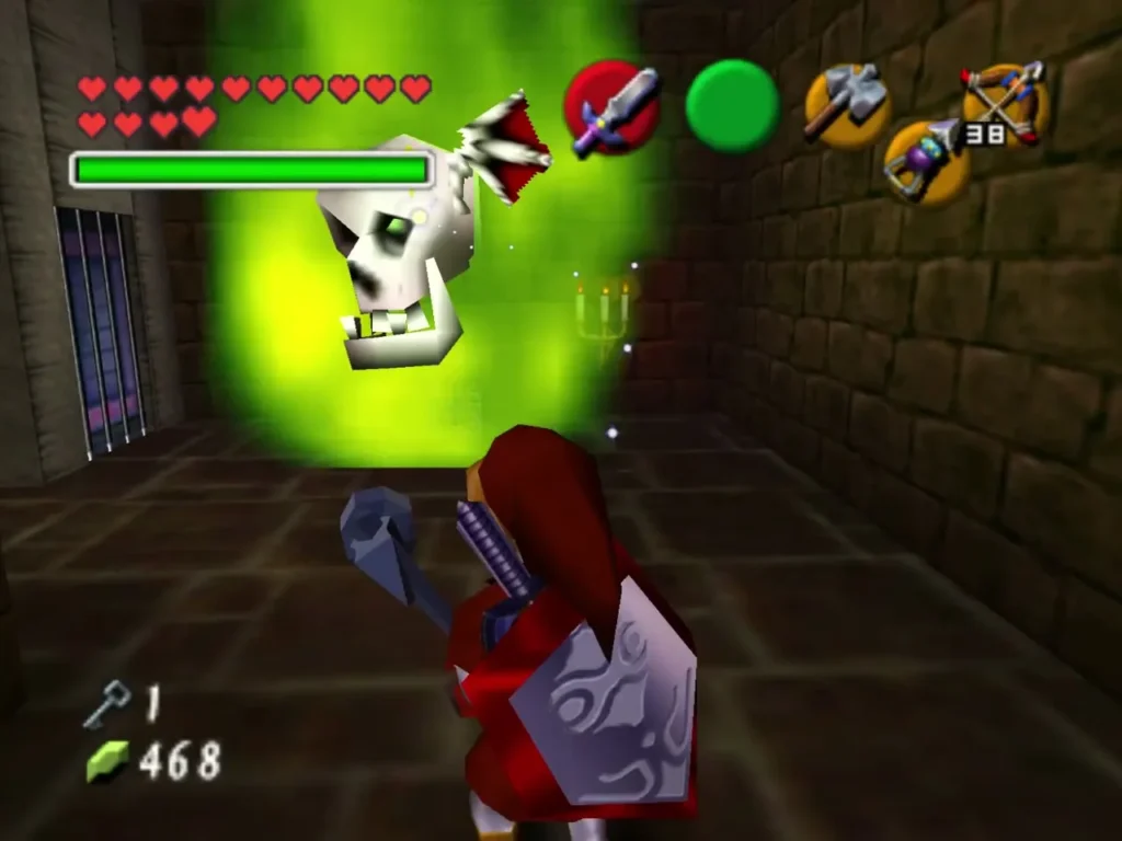 Link facing a Green Bubble just inside the caged room Link facing a Green Bubble just inside the caged room