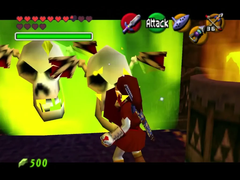 Two Green Bubble skulls with fiery wings floating in front of Link on the stairs Two Green Bubble skulls with fiery wings floating in front of Link on the stairs