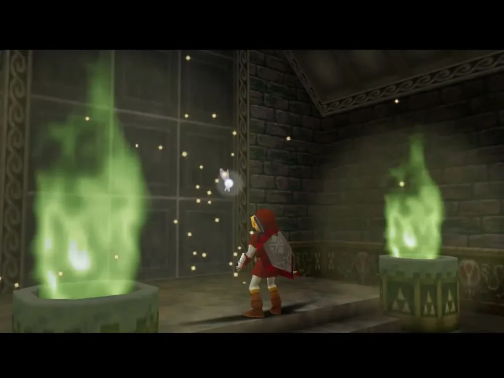Link standing between two green flame braziers in the lit room Link standing between two green flame braziers in the lit room
