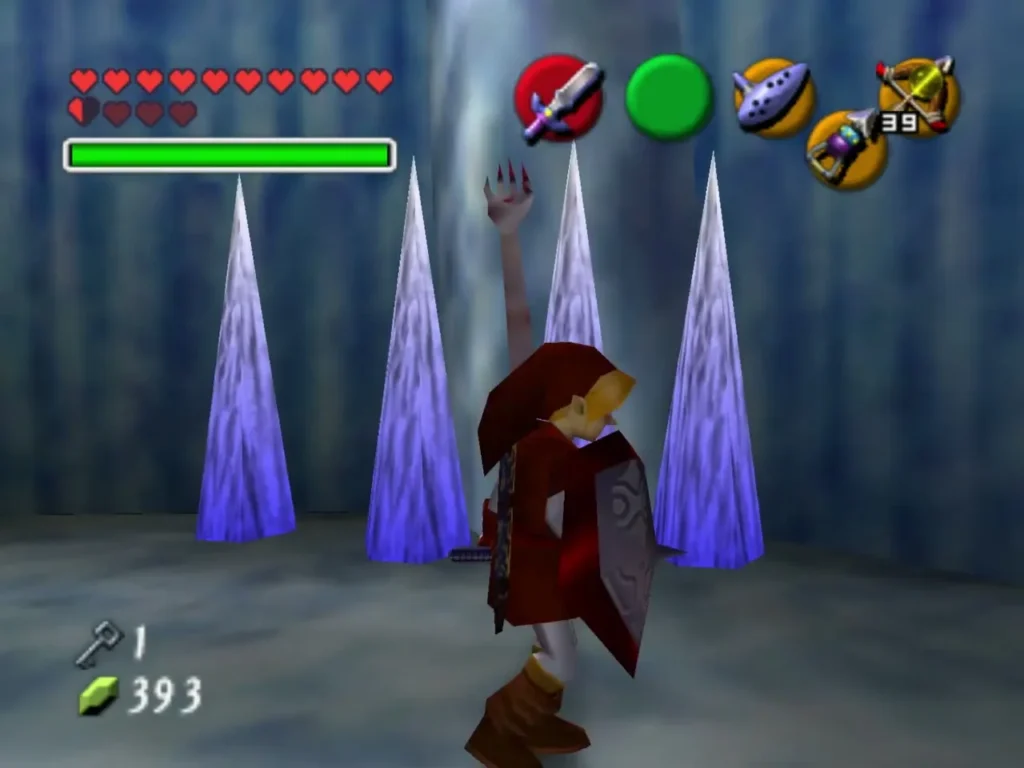 Link among tall purple ice spikes in the frozen room, one arm raised Link among tall purple ice spikes in the frozen room, one arm raised