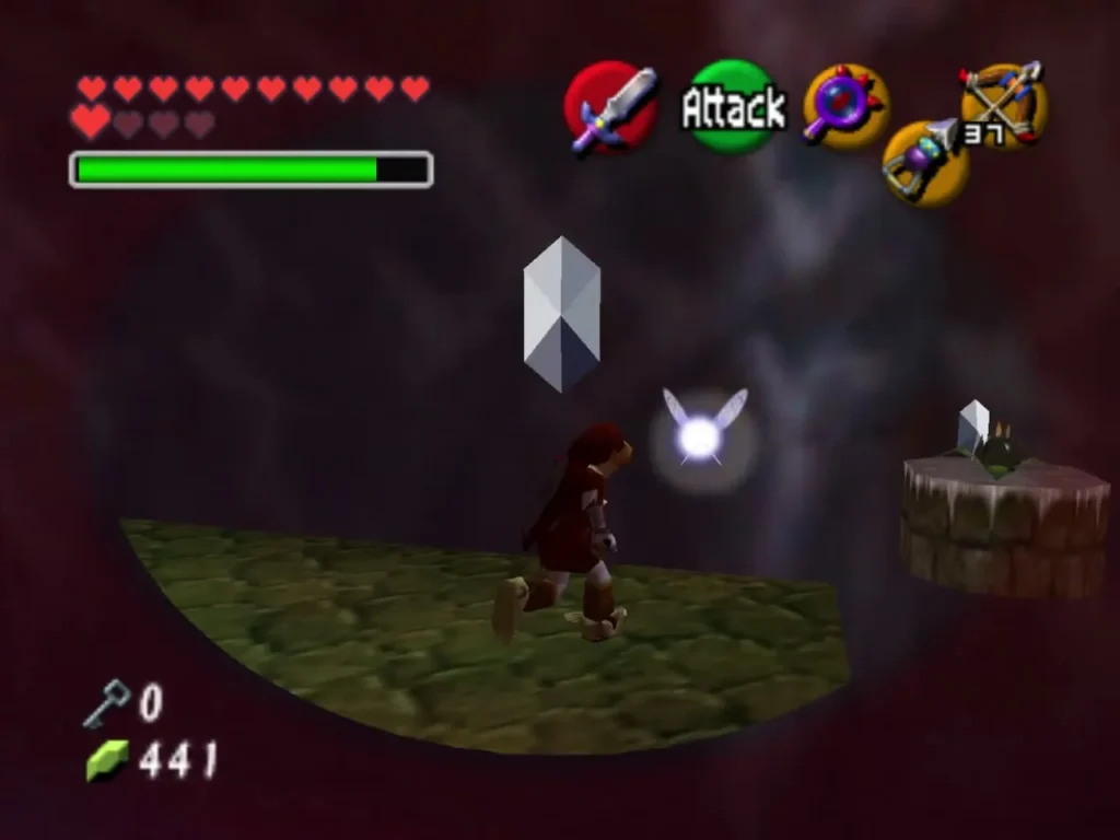 Link crossing the invisible platform over the pit with a Silver Rupee above him Link crossing the invisible platform over the pit with a Silver Rupee above him