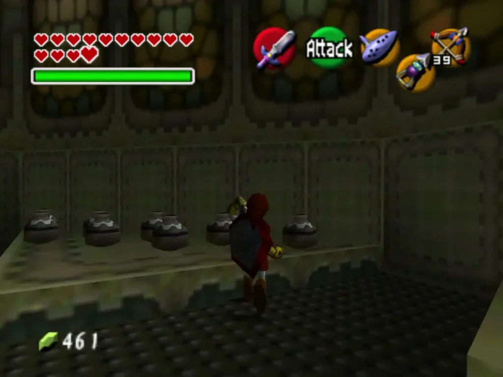 Link in the jar room beside a row of clay jars along the wall Link in the jar room beside a row of clay jars along the wall