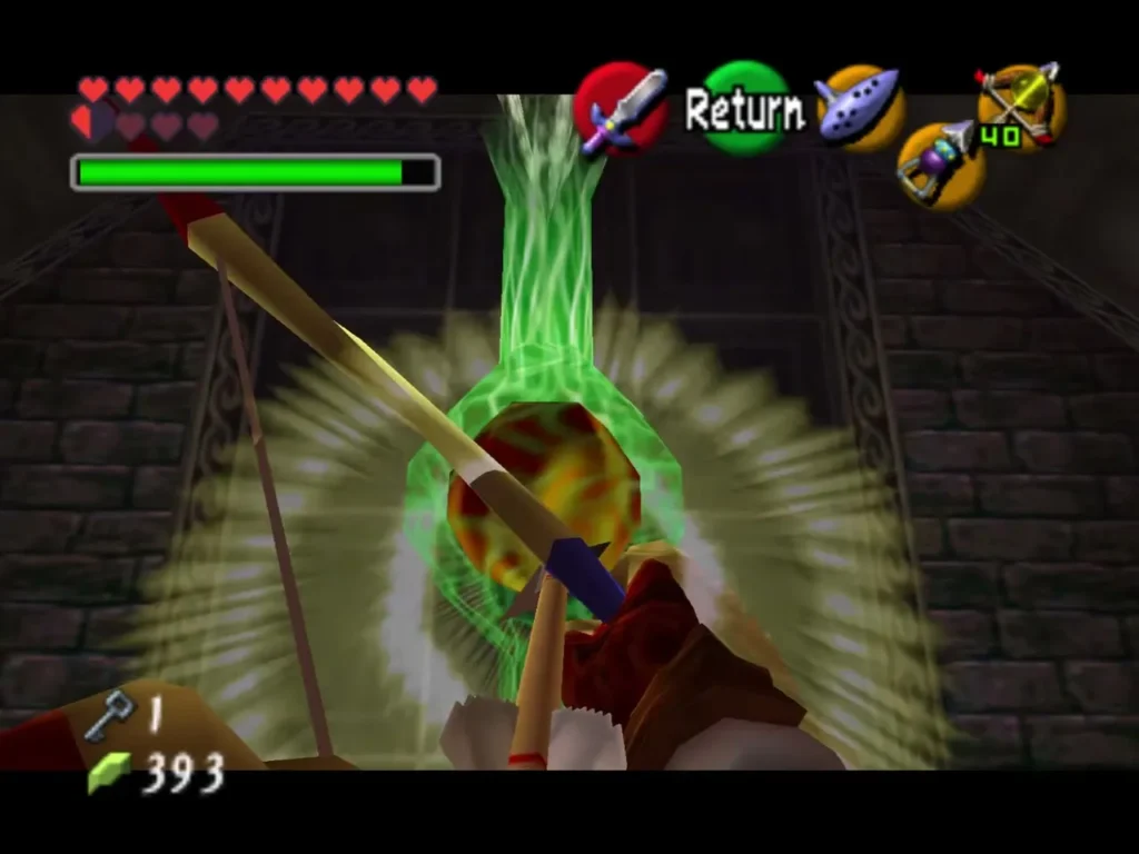Link aiming a glowing Light Arrow at the green barrier core Link aiming a glowing Light Arrow at the green barrier core
