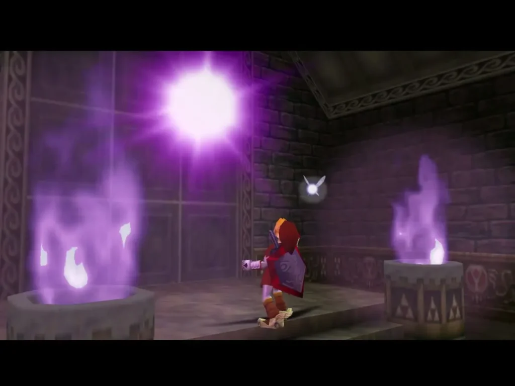 Link firing a Light Arrow at the Shadow Barrier core between purple flames Link firing a Light Arrow at the Shadow Barrier core between purple flames