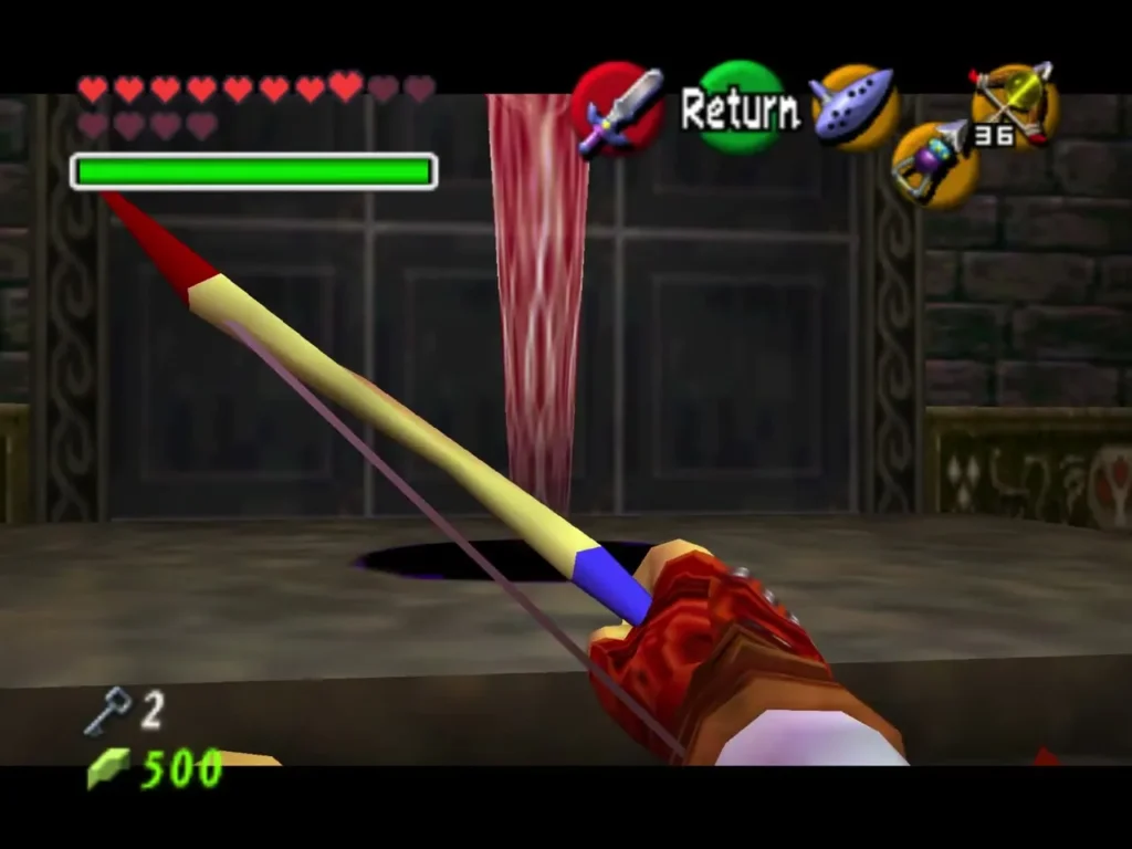 Link aiming a Light Arrow at the Fire Barrier beside a glowing pillar Link aiming a Light Arrow at the Fire Barrier beside a glowing pillar