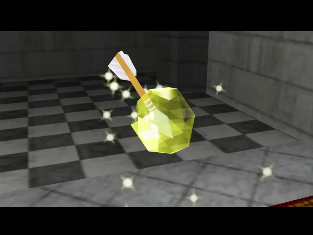 The golden Light Arrow glowing and sparkling on a checkered floor The golden Light Arrow glowing and sparkling on a checkered floor