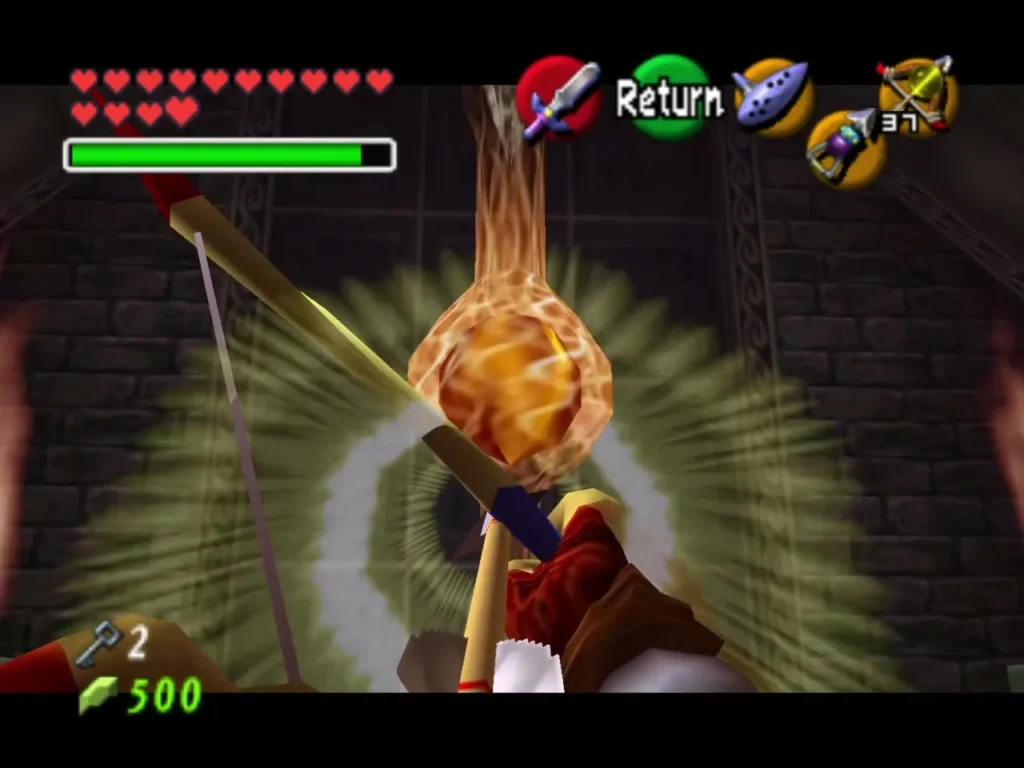 Link's Light Arrow striking the glowing core of the Spirit Barrier Link's Light Arrow striking the glowing core of the Spirit Barrier