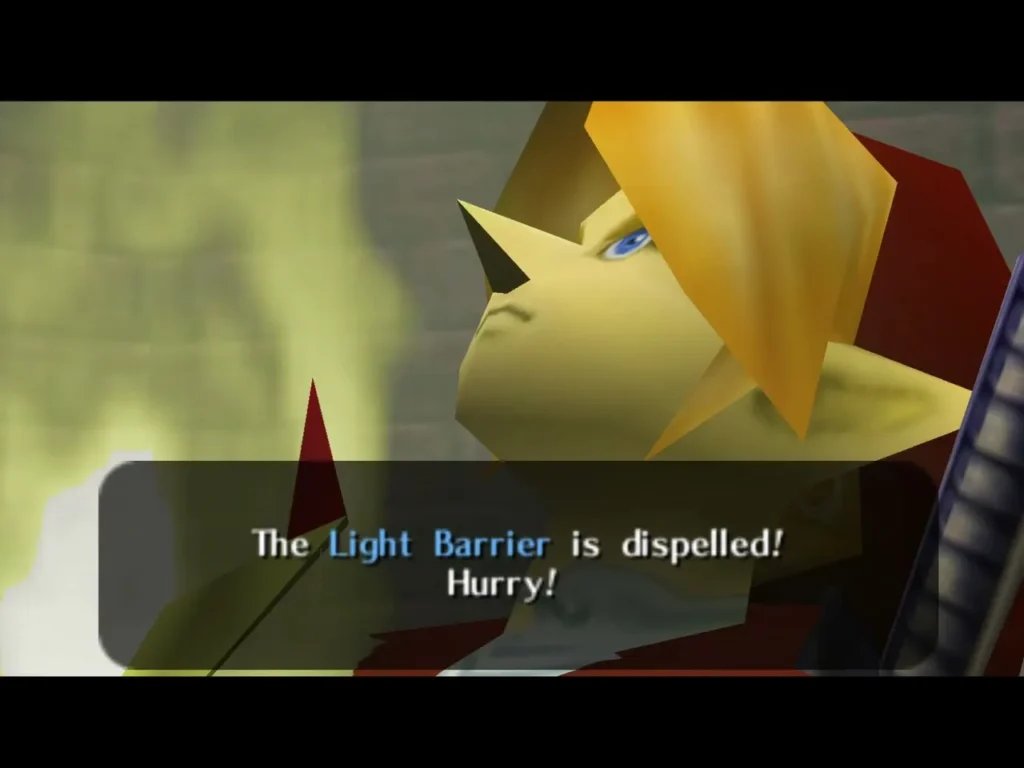 Dialog box reading The Light Barrier is dispelled! Hurry! beside a sage in the barrier room Dialog box reading The Light Barrier is dispelled! Hurry! beside a sage in the barrier room