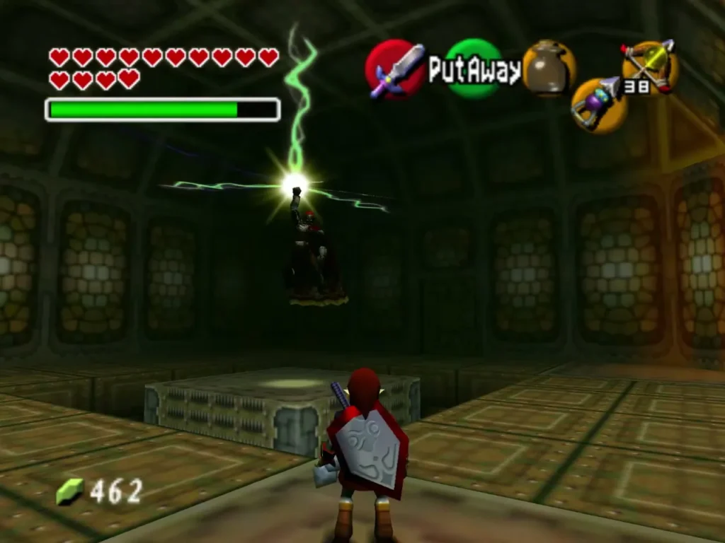 Green lightning bolts zig-zagging from Ganondorf toward Link in the arena Green lightning bolts zig-zagging from Ganondorf toward Link in the arena